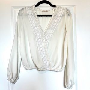 Francesca’s Long Sleeve Lace Wrap Top, White Ivory